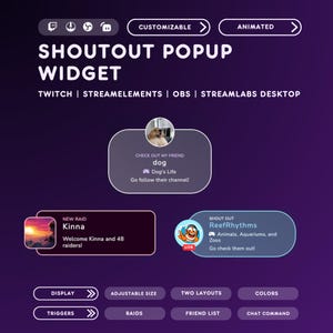 Peut inclure: Graphique violet avec le texte "SHOUTOUT POPUP WIDGET" et des options pour Twitch, StreamElements, OBS et Streamlabs Desktop. Comprend des options personnalisables et animées, des notifications de raid et des listes d'amis.