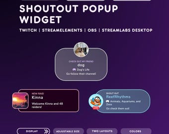 May include: A purple graphic with the text "SHOUTOUT POPUP WIDGET" and options for Twitch, StreamElements, OBS, and Streamlabs Desktop. Features include customizable and animated options, raid notifications, and friend lists.