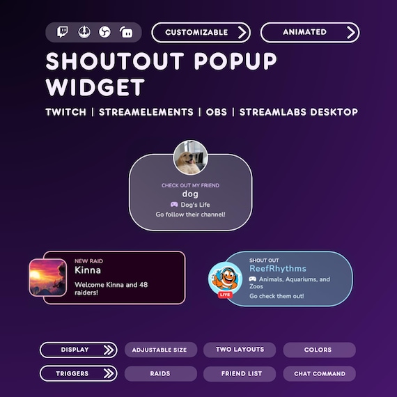 Customizable Shoutout Popup Widget for Twitch | Animated Raid Alert Overlay | StreamElements OBS Compatible Streamer Tool