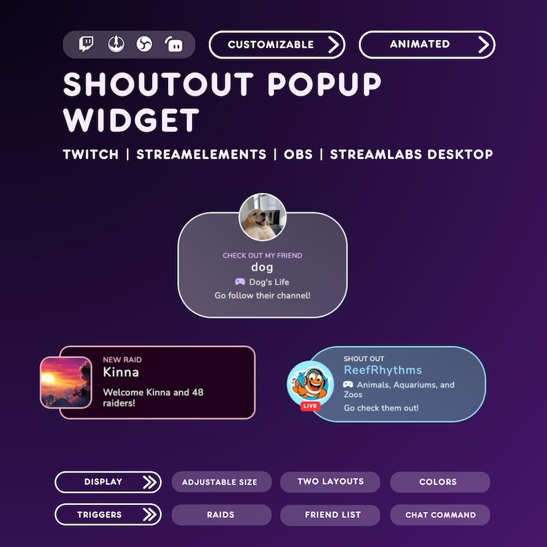 May include: A purple graphic with the text "SHOUTOUT POPUP WIDGET" and options for Twitch, StreamElements, OBS, and Streamlabs Desktop. Features include customizable and animated options, raid notifications, and friend lists.