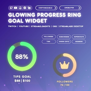 Goal Ring Widget Twitch Youtube StreamElements | Followers Subscribers Cheers Tips Members Superchats | Customizable Streamer Widget