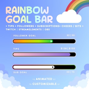 Rainbow Twitch Goal Bar Widget | Followers, Subs, Tips, Bits | StreamElements Animated Overlay for OBS & Twitch