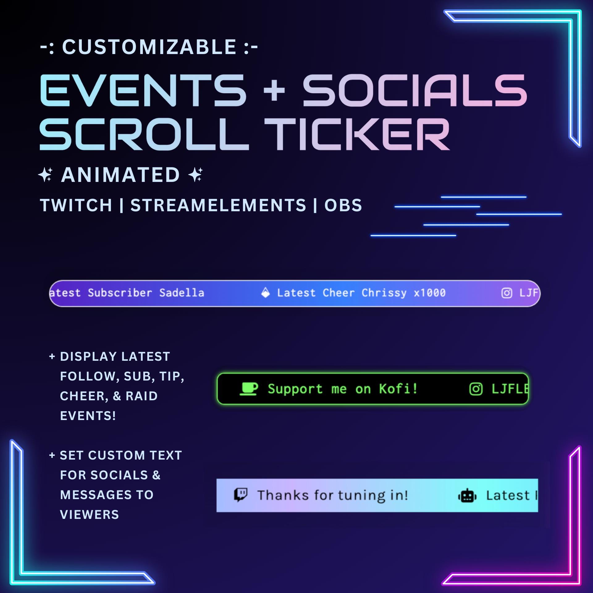 Events Socials Scroller Ticker Twitch Widget | Animated Gradient Events Rotator | StreamElements & OBS | Streamer Widget Asset