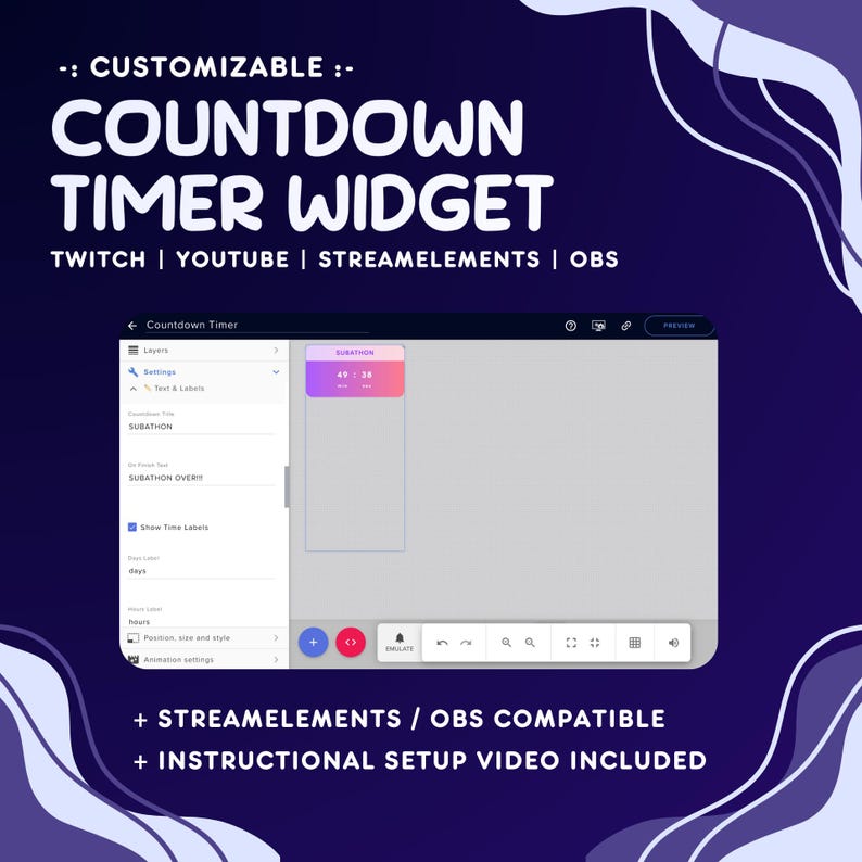 May include: A customizable countdown timer widget for Twitch, YouTube, StreamElements, and OBS. The widget is shown in a preview window with a purple and blue gradient background. The widget is set to 49:38 and has a pink and blue gradient background.