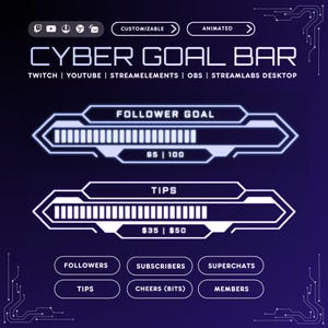 May include: A digital graphic with a dark blue background features white neon-style text and graphics. The text reads "CYBER GOAL BAR" and lists platforms like Twitch and YouTube. There are follower and tip goal bars, along with buttons for followers, subscribers, and more.