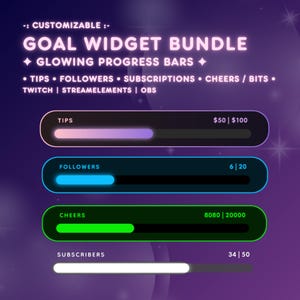 Twitch Goal Bar Bundle for StreamElements | Animated Stream Overlay Progress Bars for Subs, Tips, Followers & Bits | OBS Compatible