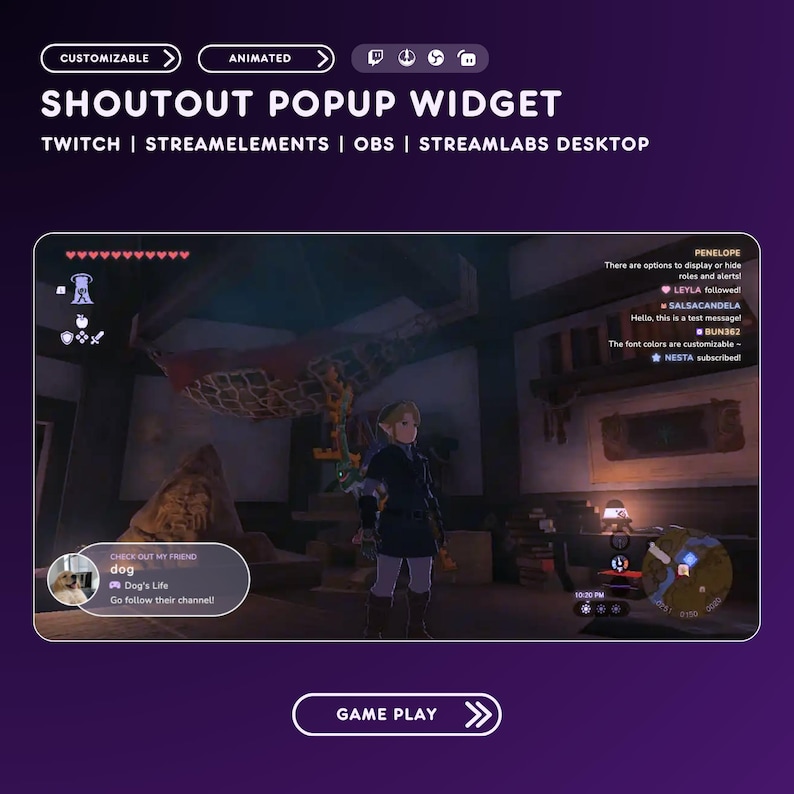 May include: A purple and white graphic promoting a Shoutout Popup Widget for Twitch, StreamElements, OBS, and Streamlabs Desktop. The image shows a video game scene with a character and on-screen alerts. Text includes "Customizable," "Animated," and "Game Play."