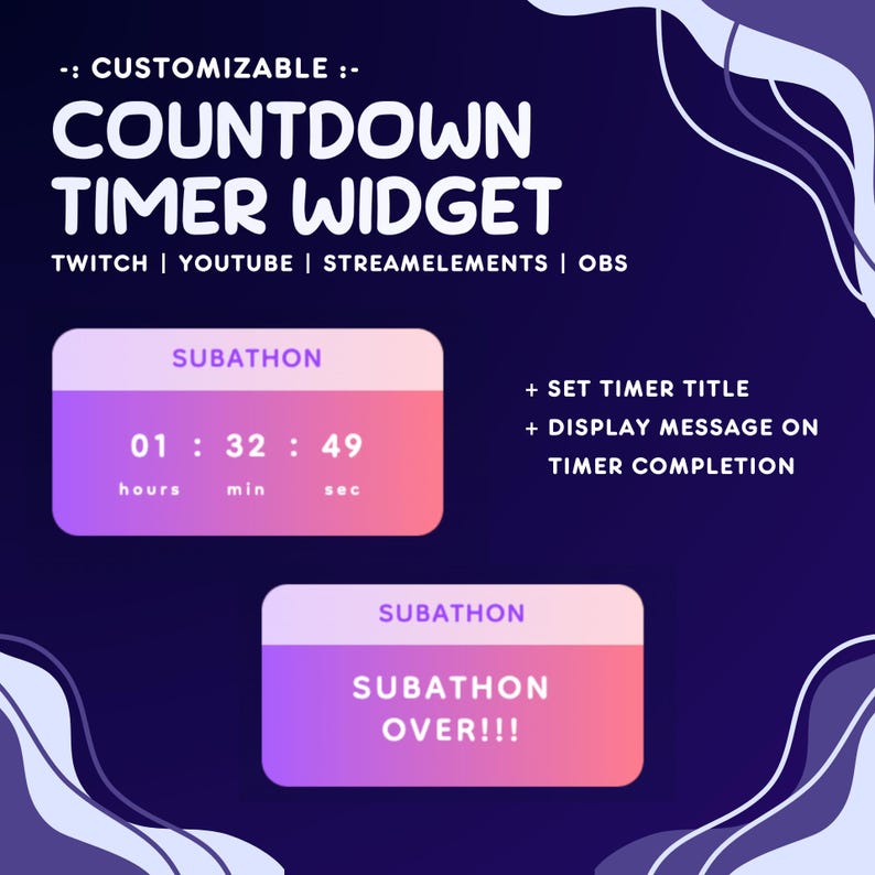 May include: A customizable countdown timer widget for Twitch, YouTube, StreamElements, and OBS. The widget has a purple and pink gradient background with a white outline. The timer displays "01:32:49" with labels for hours, minutes, and seconds. The widget also includes the text "SUBATHON" and "SUBATHON OVER!!!".