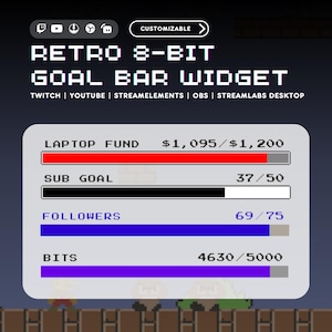 Retro NES Twitch Goal Bar | Twitch Youtube StreamElements & OBS | Retro 8-Bit NES Pixelated | Customizable Streamer Widget