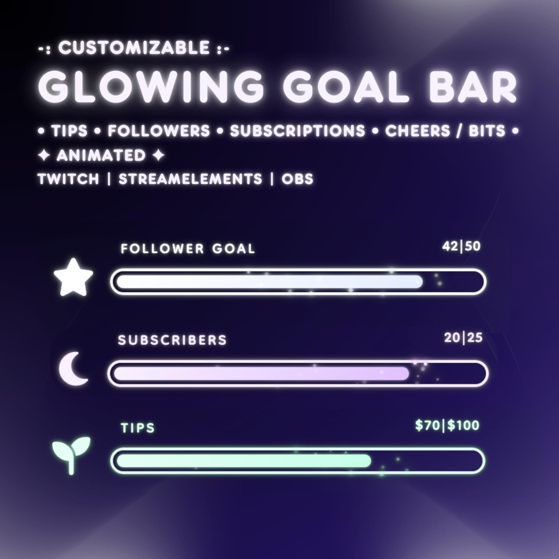 Twitch Goal Bar Widget | Glowing Progress Bar for Followers, Subs, Tips, Bits | StreamElements Overlay for OBS & Twitch