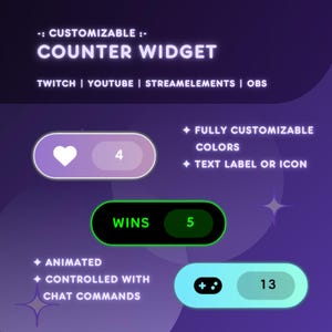 Könnte beinhalten: Ein digitales Counter-Widget für Twitch, YouTube, StreamElements und OBS. Die Grafik zeigt drei pillenförmige Balken in Lila, Schwarz und Hellblau mit Symbolen oder Textbeschriftungen wie WINS und den Zahlen 4, 5 und 13. Der Text umfasst CUSTOMIZABLE COUNTER WIDGET, FULLY CUSTOMIZABLE COLORS, TEXT LABEL OR ICON, ANIMATED und CONTROLLED WITH CHAT COMMANDS.