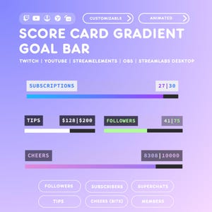 Twitch Goal Bar Widget for StreamElements OBS Youtube | Animated Stream Overlay Progress Bars for Subs, Tips, Followers, Bits, Members