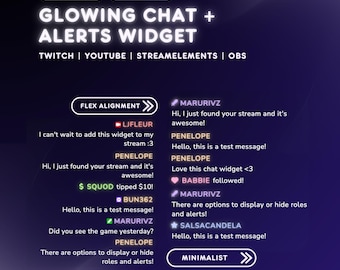 Minimalistisches, leuchtendes Chat- und Benachrichtigungs-Widget für Twitch und YouTube StreamElements OBS – Anpassbares, animiertes Stream-Overlay-Design