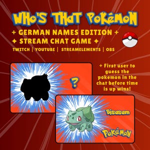Può includere: Grafica promozionale per un gioco di chat in streaming "Chi è quel Pokémon?". Il design presenta il titolo del gioco, una silhouette di Pokémon e il Pokémon Bisasam. Lo sfondo è rosso con linee radiali blu e bianche.