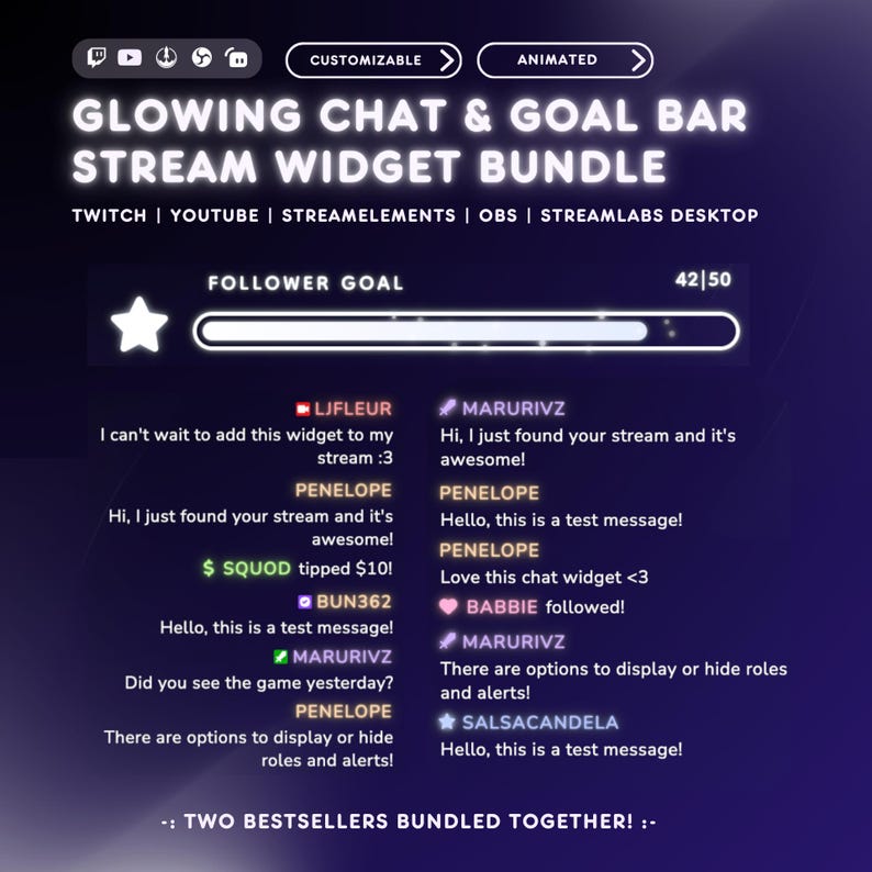 Minimalist Glowing Chat Alerts + Goal Bar Widget Bundle for Twitch ...