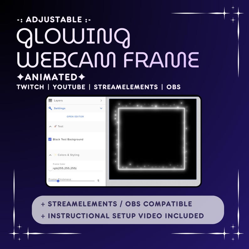 May include: A glowing white webcam frame with adjustable settings. The frame is animated and compatible with Twitch, YouTube, StreamElements, and OBS. The image shows a preview of the frame with a black background.