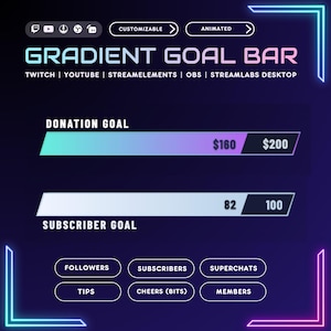 May include: A digital graphic with the text "GRADIENT GOAL BAR" and platform logos. It features progress bars for donation and subscriber goals, with options for customization and animation. Includes labels for followers, subscribers, superchats, tips, cheers, and members.