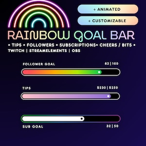 Rainbow Twitch Goal Bar Widget | Followers, Subs, Tips, Bits | StreamElements Animated Overlay for OBS & Twitch