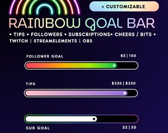 Rainbow Twitch Goal Bar Widget | Followers, Subs, Tips, Bits | StreamElements Animated Overlay for OBS & Twitch