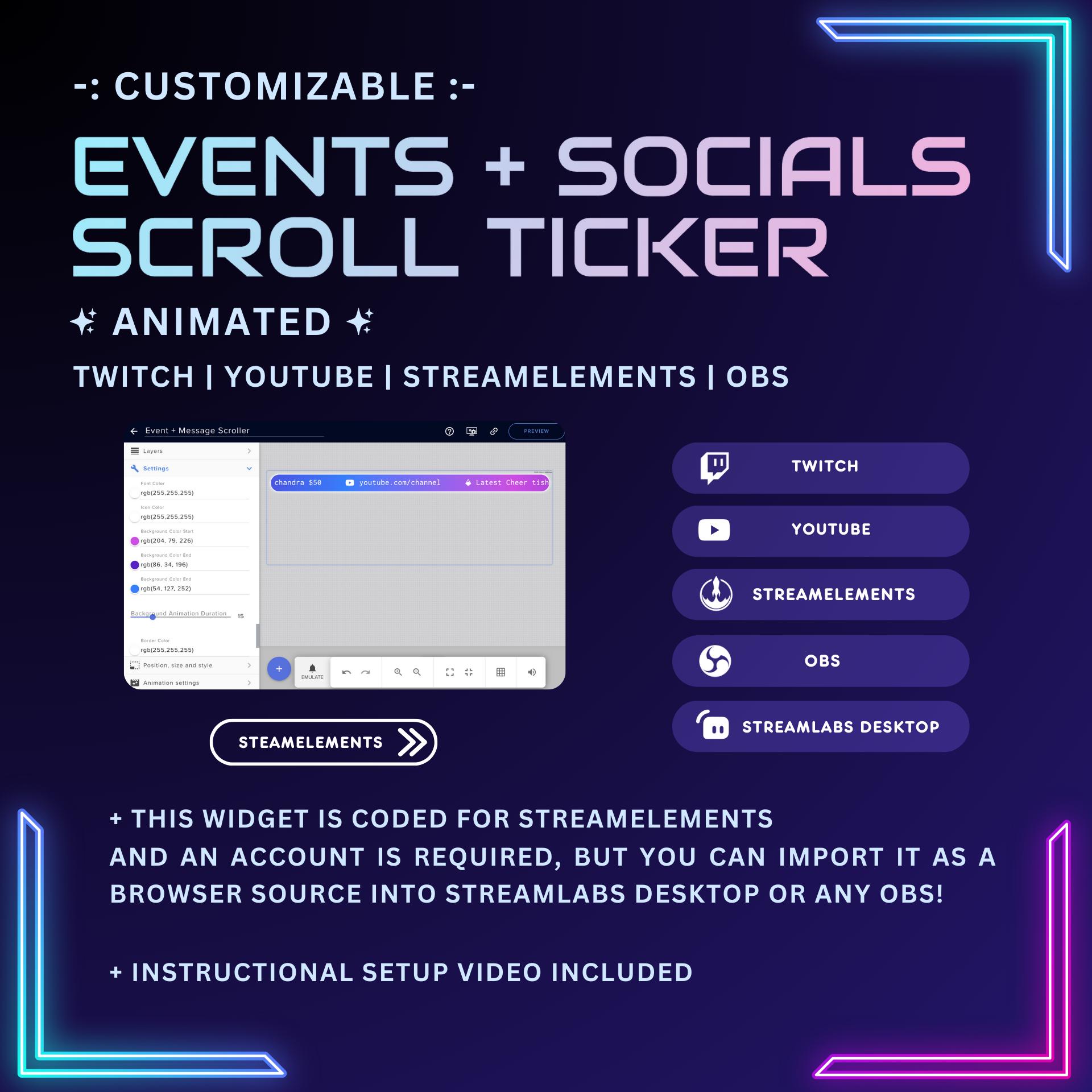 Events Socials Scroller Ticker Twitch Widget | Animated Gradient Events ...