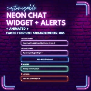 Könnte beinhalten: Ein Neon-Schild mit dem Text "customizable NEON CHAT WIDGET + ALERTS" und "ANIMATED" in kleinerer Schrift. Unter dem Text befinden sich mehrere Chat-Nachrichten mit Benutzernamen und Nachrichten, darunter "HELLOKITTY33", "I can't wait to add this widget to my stream :3", "BUN362", "Howdy, how's it going?", "LJFLEUR", "Love this chat widget <3" und "ANN-MARIE followed!"