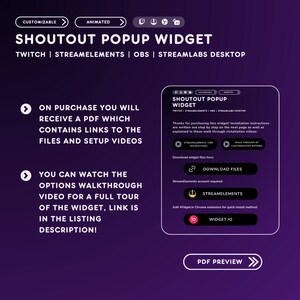 May include: A purple graphic promoting a "Shoutout Popup Widget" for Twitch, StreamElements, OBS, and Streamlabs Desktop. The image includes instructions, links to download files, and a PDF preview button. Text includes "Customizable" and "Animated."