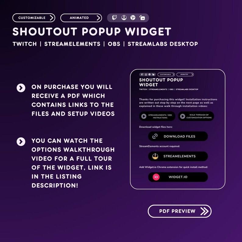 May include: A purple graphic promoting a "Shoutout Popup Widget" for Twitch, StreamElements, OBS, and Streamlabs Desktop. The image includes instructions, links to download files, and a PDF preview button. Text includes "Customizable" and "Animated."