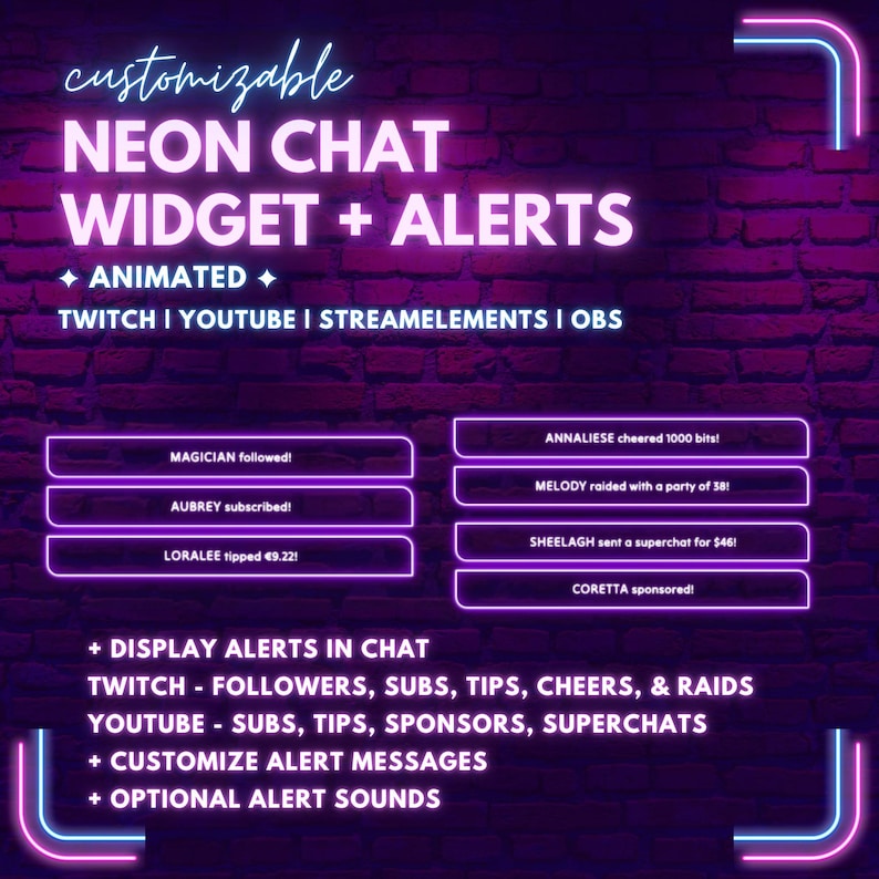 Twitch Chat Widget With Alerts Animated Neon | Streamelements & OBS ...
