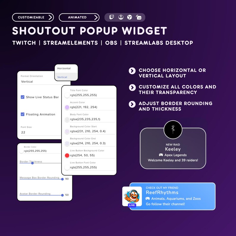 May include: A purple graphic promoting a customizable and animated Shoutout Popup Widget for Twitch, StreamElements, OBS, and Streamlabs Desktop. Features include layout options, color customization, and border adjustments. Includes a live stream notification and a raid alert.