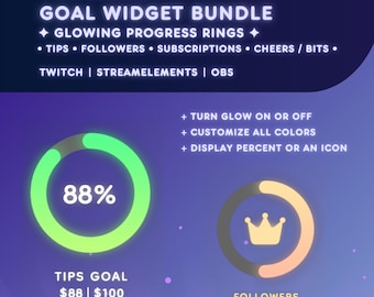 Twitch Goal Ring Widget Bundle | Followers Subscribers Cheers Tips | Glowing Circle Progress Rings | Customizable Streamer Widget