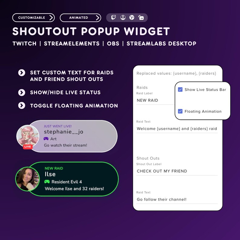 Customizable Shoutout Popup Widget for Twitch | Animated Raid Alert Overlay | StreamElements OBS Compatible Streamer Tool image 3