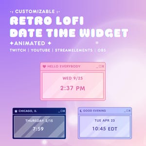 May include: Three customizable retro-style digital clock widgets with animated text. The top widget is pink and says "HELLO EVERYBODY" with the date and time "WED 9/25 2:37 PM". The middle widget is gray and says "CHICAGO, IL" with the date and time "THURSDAY 2/15 7:59". The bottom widget is blue and says "GOOD EVENING" with the date and time "TUE APR 23 10:45 EDT".