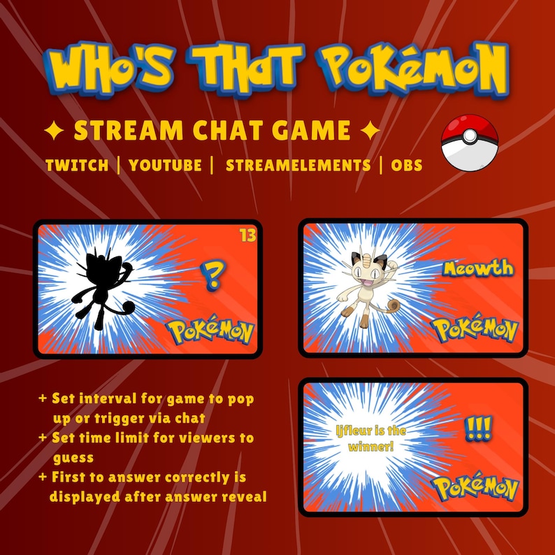 May include: A promotional graphic for a "Who's That Pok&eacute;mon" stream chat game. The design features the game's title, a Pok&eacute; Ball, and cards with Pok&eacute;mon silhouettes and names. Instructions for the game are also included, along with platform logos.