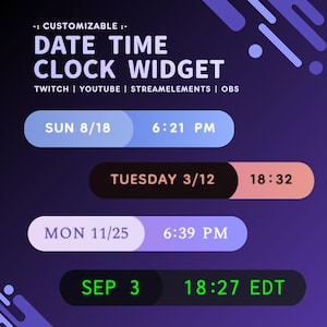 Date Time Clock Widget | Twitch, Youtube, StreamElements & OBS | Streamer Widget Asset