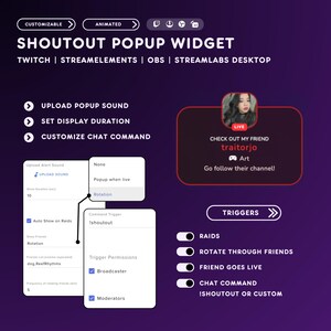 May include: A digital graphic promoting a Shoutout Popup Widget for Twitch, StreamElements, OBS, and Streamlabs Desktop. The interface includes options for sound, duration, and chat commands, with a live stream example and trigger settings.