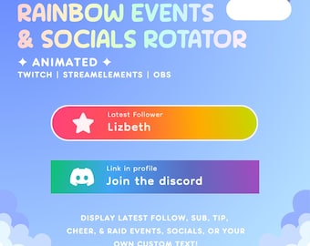 Rainbow Events & Socials Rotator Widget for StreamElements | Animated Twitch Overlay for Follower, Sub, Tip, Cheer, Socials | OBS Compatible