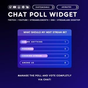 May include: A digital graphic for a chat poll widget, featuring the text "CHAT POLL WIDGET" and options for a stream poll. The poll options include "Ask Me Anything," "Pokemon," "Cooking Stream," and "Among Us."