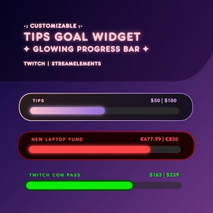 Twitch Goal Bar Tips + Donations Goal Widget | Glowing Bar | Customizable Streamer Widget
