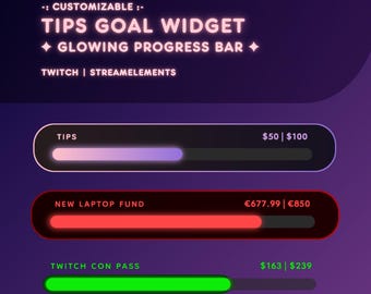 Twitch Goal Bar Tips + Donations Goal Widget | Glowing Bar | Customizable Streamer Widget