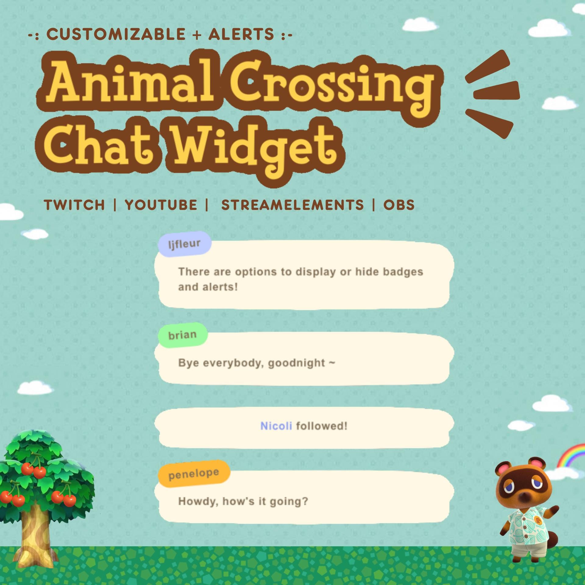 Streamer Chat Widget With Alerts | Twitch Chat Widget Youtube Chat Widget | Animal Crossing | StreamElements & OBS