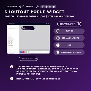 May include: A purple graphic promoting a Shoutout Popup Widget for Twitch, Streamelements, OBS, and Streamlabs Desktop. The image includes a screenshot of the widget in use, along with compatibility icons and text describing the widget's features.