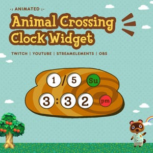 May include: A brown and orange clock widget with a white background. The clock shows the time as 3:32 pm. The widget also shows the day of the week as Sunday and the date as 1/5. The widget is designed to look like a clock from the Animal Crossing video game.