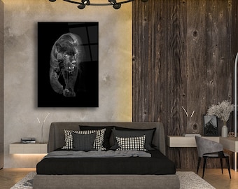 Schwarzer Jaguar gehärtetes Glas Wand Kunst Druck, Wildtier Wohnkultur