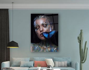 Blue Butterfly Tempered Glass Wall Art: Woman Portrait Home Decor