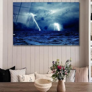 Cadeau déco Le pouvoir de la nature, La danse de la foudre avec la mer, Peinture sur verre sur le thème de la foudre, Cadeau déco La rencontre fascinante de la mer