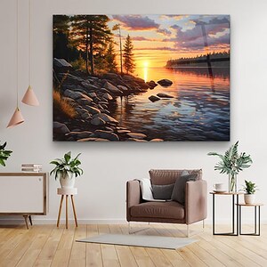 Lake View, Landscape Glass Art, Coastal Canvas Gift, Sea View Glass Decor,Home Gift, Sunrise on the Beach,, Christmas Decor, Bridesmaid Gift