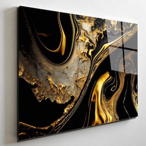 Black Gold Glass Wall Art, Abstract Marble Wall Decor, Large Frameless Glass Print, Modern Luxury Home Decor,Gift