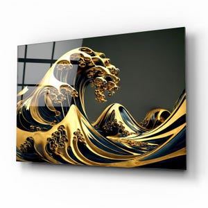 Tempered Glass Wall,Dark Abstract Wall Art-Gold Waves Wall Decor,Glass Print Art,Gold Alcohol Ink Art,Tempered Glass Art,Gold Waves Decor