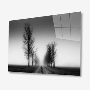 Könnte beinhalten: Ein Schwarzweißfoto einer langen, geraden Straße, die von kahlen Bäumen gesäumt ist. Die Straße führt in eine neblige Ferne. Das Bild hat eine melancholische und atmosphärische Stimmung.