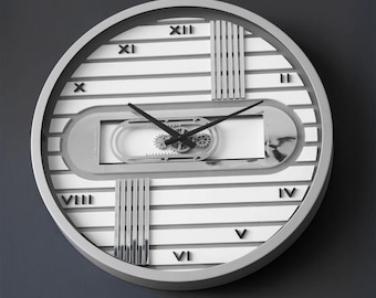 Reloj de pared con engranajes grandes: marco de metal dorado, movimiento mecánico